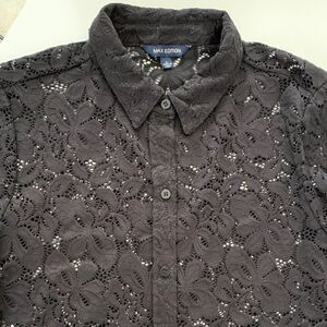 Max Edition Black Lace Collar Button-Up Shirt Blouse Size L